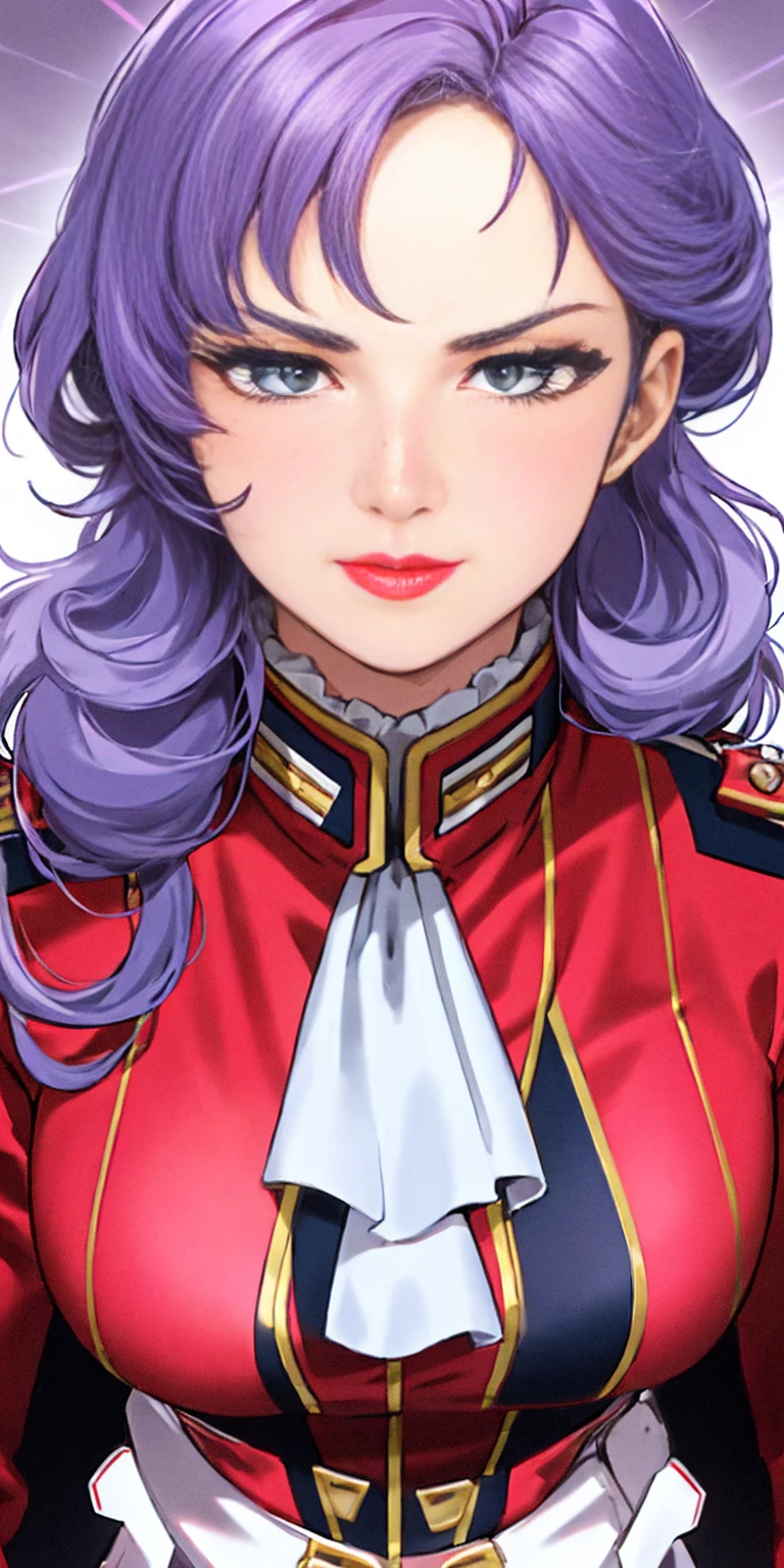 red uniform,pink military uniform, purple hair ,blue eyes,lipstick, long hair, 1 girl, 20yo,Young female,Beautiful Finger,Beautiful long legs,Beautiful body,Beautiful Nose,Beautiful character design, perfect eyes, perfect face,expressive eyes, looking at viewer, in the center of the image,(light_smile:0.5), official art,extremely detailed CG unity 8k wallpaper, perfect lighting,Colorful, Bright_Front_face_Lighting,shiny skin, (masterpiece:1.0),(best_quality:1.0), ultra high res,4K,ultra-detailed, photography, 8K, HDR, highres, absurdres:1.2, Kodak portra 400, film grain, blurry background, bokeh:1.2, lens flare, (vibrant_color:1.2) (Beautiful,large_Breasts:1.0), (beautiful_face:1.5),(narrow_waist)