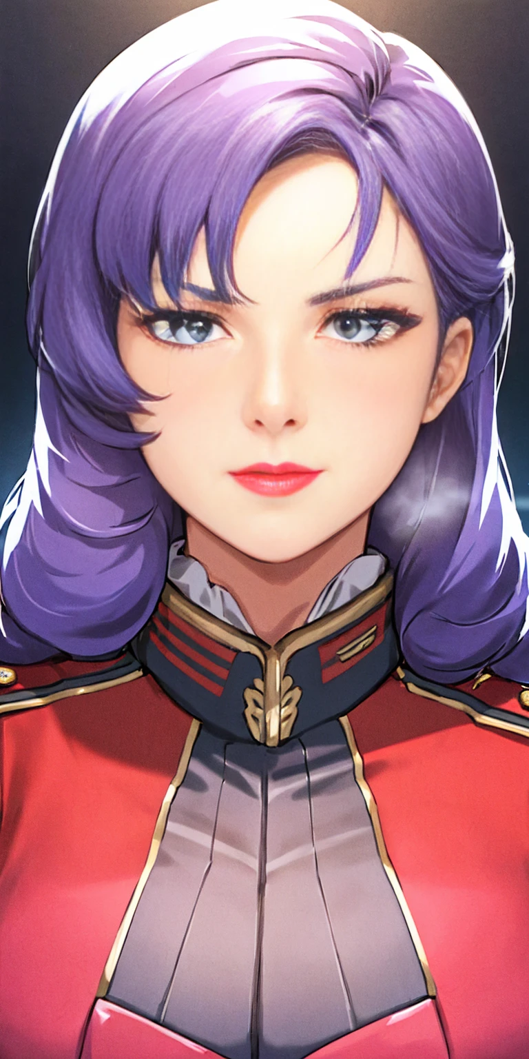 red uniform,pink military uniform, purple hair ,blue eyes,lipstick, long hair, 1 girl, 20yo,Young female,Beautiful Finger,Beautiful long legs,Beautiful body,Beautiful Nose,Beautiful character design, perfect eyes, perfect face,expressive eyes, looking at viewer, in the center of the image,(light_smile:0.5), official art,extremely detailed CG unity 8k wallpaper, perfect lighting,Colorful, Bright_Front_face_Lighting,shiny skin, (masterpiece:1.0),(best_quality:1.0), ultra high res,4K,ultra-detailed, photography, 8K, HDR, highres, absurdres:1.2, Kodak portra 400, film grain, blurry background, bokeh:1.2, lens flare, (vibrant_color:1.2) (Beautiful,large_Breasts:1.0), (beautiful_face:1.5),(narrow_waist)