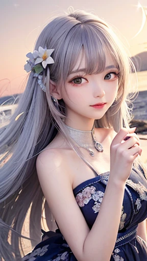 (highest quality, masterpiece), One girl, Pause, particle, Wind, flower, Upper Body, Simple Background, View your viewers, , Milky Way,smile、Silver Long Hair、Twin taililky way、Crescent Moon