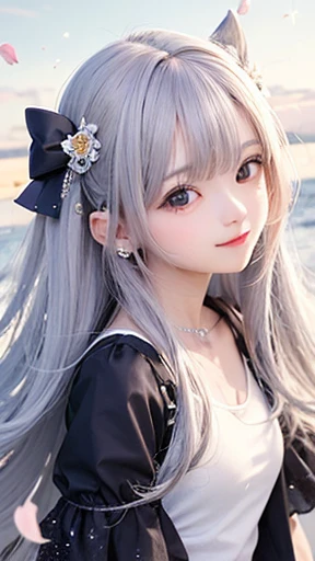 (highest quality, masterpiece), One girl, Pause, particle, Wind, flower, Upper Body, Simple Background, View your viewers, , Milky Way,smile、Silver Long Hair、milky way