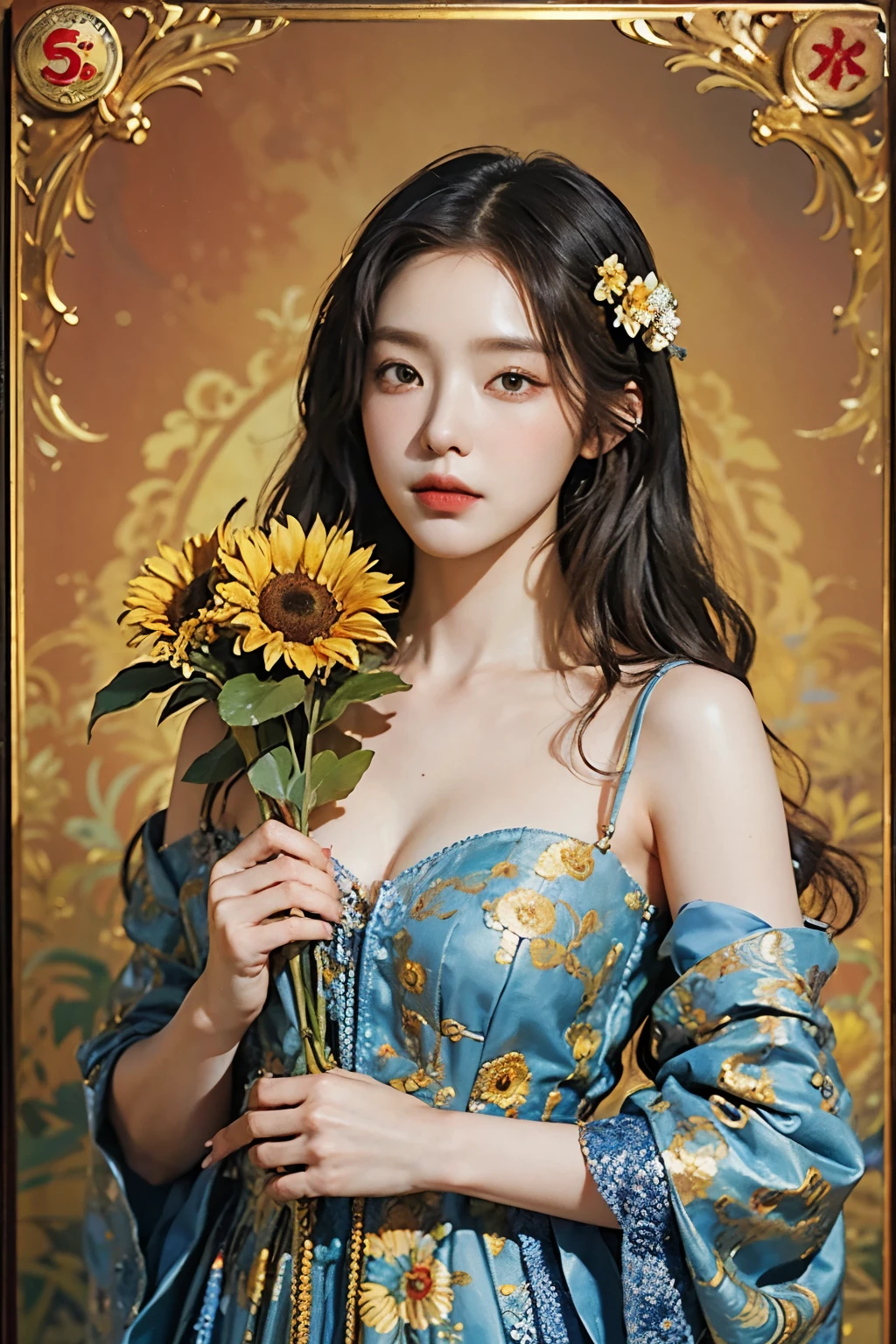 (masterpiece, top quality, best quality, official art, beautiful and aesthetic:1.2), (1 woman), extremely detailed,(fractal art:1.3),fancy,Most detailed chiaroscuro illustration of a woman holding a bouquet of sunflowers in front of a golden background, Surrealist Art Nouveau, chie yoshii, Andrei Lemnev, by Yamagata Hiro, Mucha Klimt and Tom Bagshaw, Inspired by J. Seed. Leyendecker, Inspired by J.Seed. Leyendecker, Inspired by James Seed. Seedhristensen