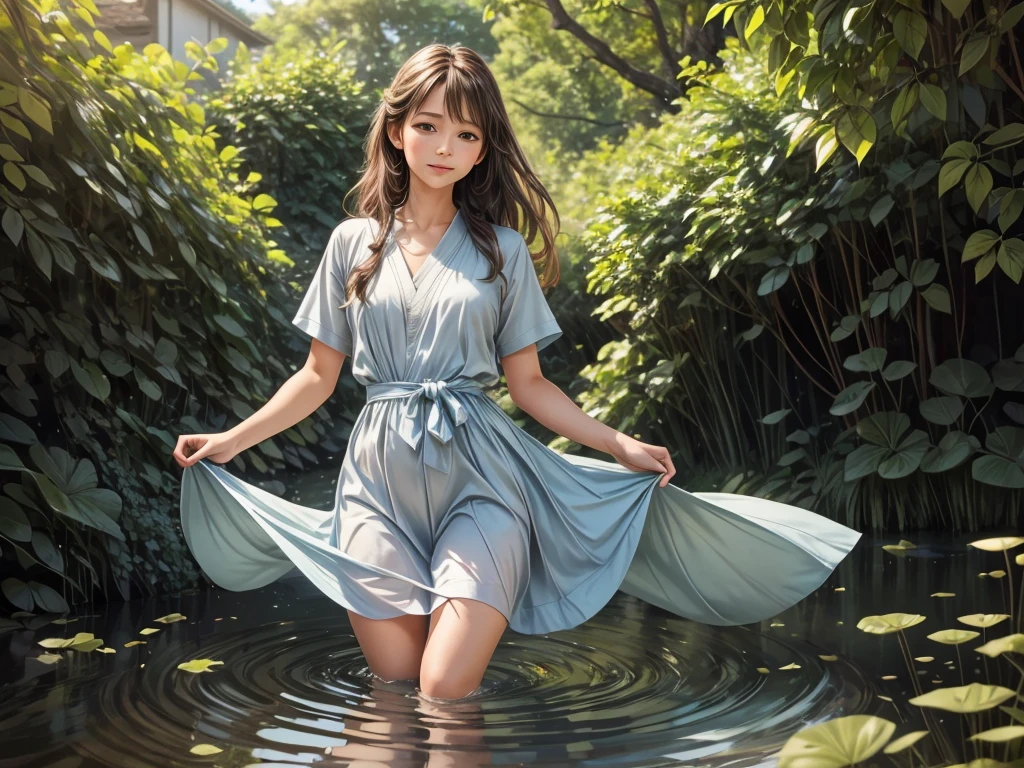 (best quality,4k,highres,masterpiece:1.2),ultra-detailed,(realistic,photorealistic,photo-realistic:1.37),((floating gi)))),gardenside,peaceful,ethereal,serene,soft sunlit touch,natural beauty,delicate features,vibrant colors,flowing dress,long wavy hair,gentle breeze,floating flower petals,dancing sunlight,greenery,harmonious nature,calm water reflections,tranquil atmosphere,lost in thoughts,butterflies fluttering,subtle happiness,whispers of the wind,stunning visual aesthetics