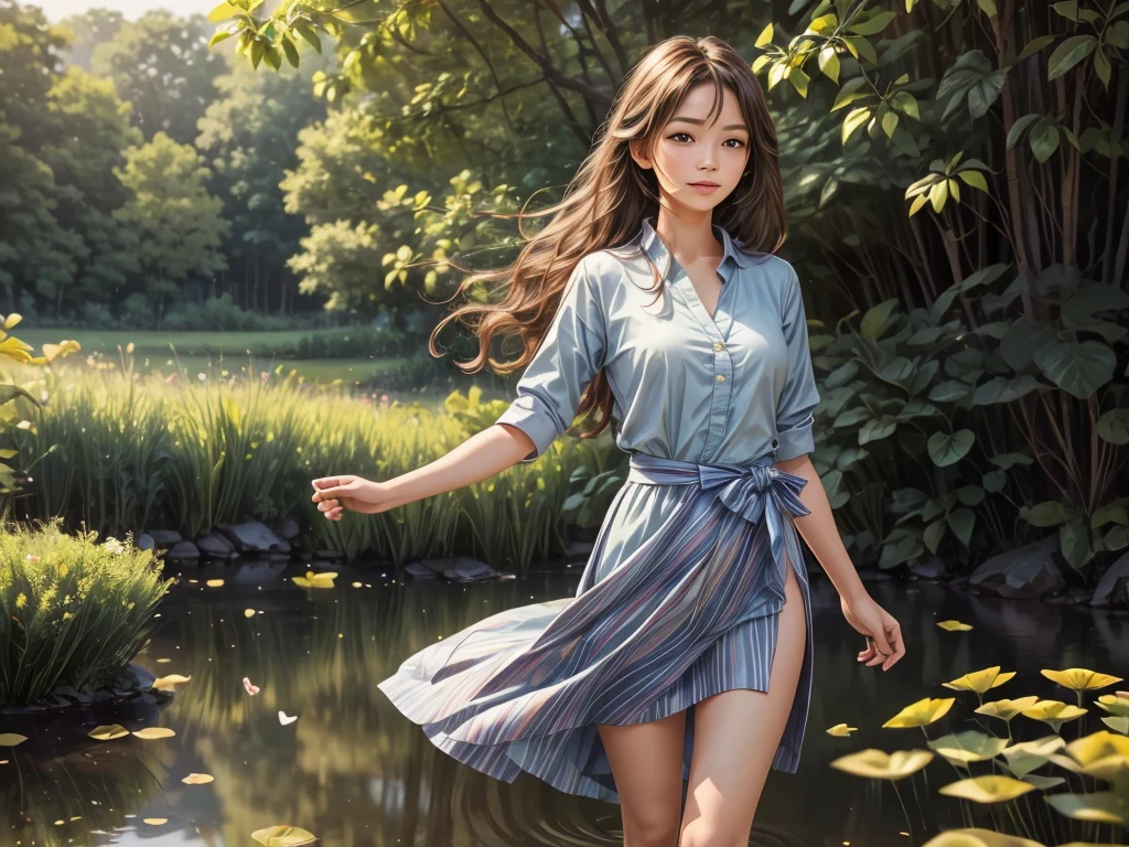 (best quality,4k,highres,masterpiece:1.2),ultra-detailed,(realistic,photorealistic,photo-realistic:1.37),((floating gi)))),gardenside,peaceful,ethereal,serene,soft sunlit touch,natural beauty,delicate features,vibrant colors,flowing dress,long wavy hair,gentle breeze,floating flower petals,dancing sunlight,greenery,harmonious nature,calm water reflections,tranquil atmosphere,lost in thoughts,butterflies fluttering,subtle happiness,whispers of the wind,stunning visual aesthetics