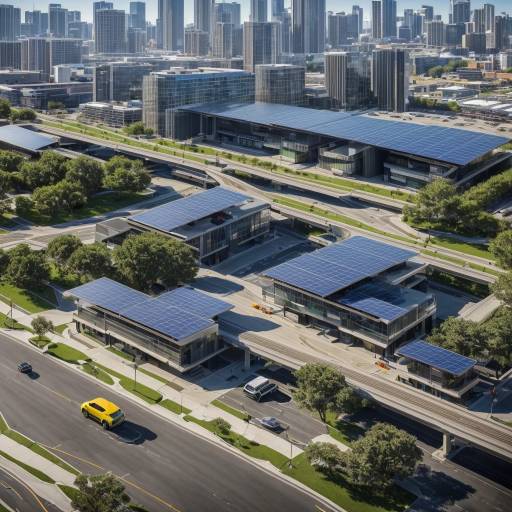 (best quality,4k,8k,highres,masterpiece:1.2),ultra-detailed,(realistic,photorealistic,photo-realistic:1.37),cityscape,electric scooter,modern architecture,multilevel parking station with solar panels,energy storage box with interchangeable battery packs,drone delivery and pick-up cabinet,vibrant colors,daytime lighting