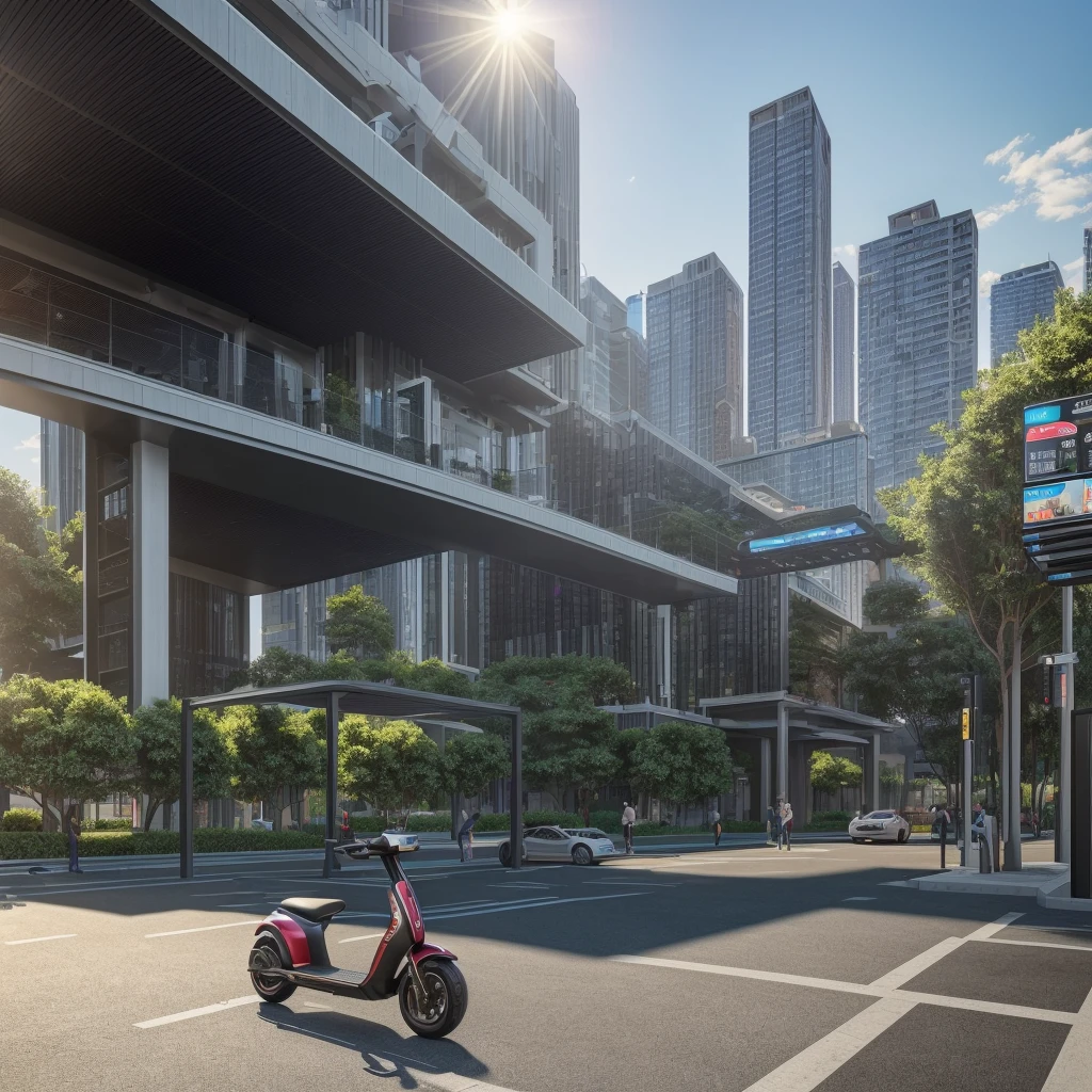 (best quality,4k,8k,highres,masterpiece:1.2),ultra-detailed,(realistic,photorealistic,photo-realistic:1.37),cityscape,electric scooter,modern architecture,multilevel parking station with solar panels,energy storage box with interchangeable battery packs,drone delivery and pick-up cabinet,vibrant colors,daytime lighting