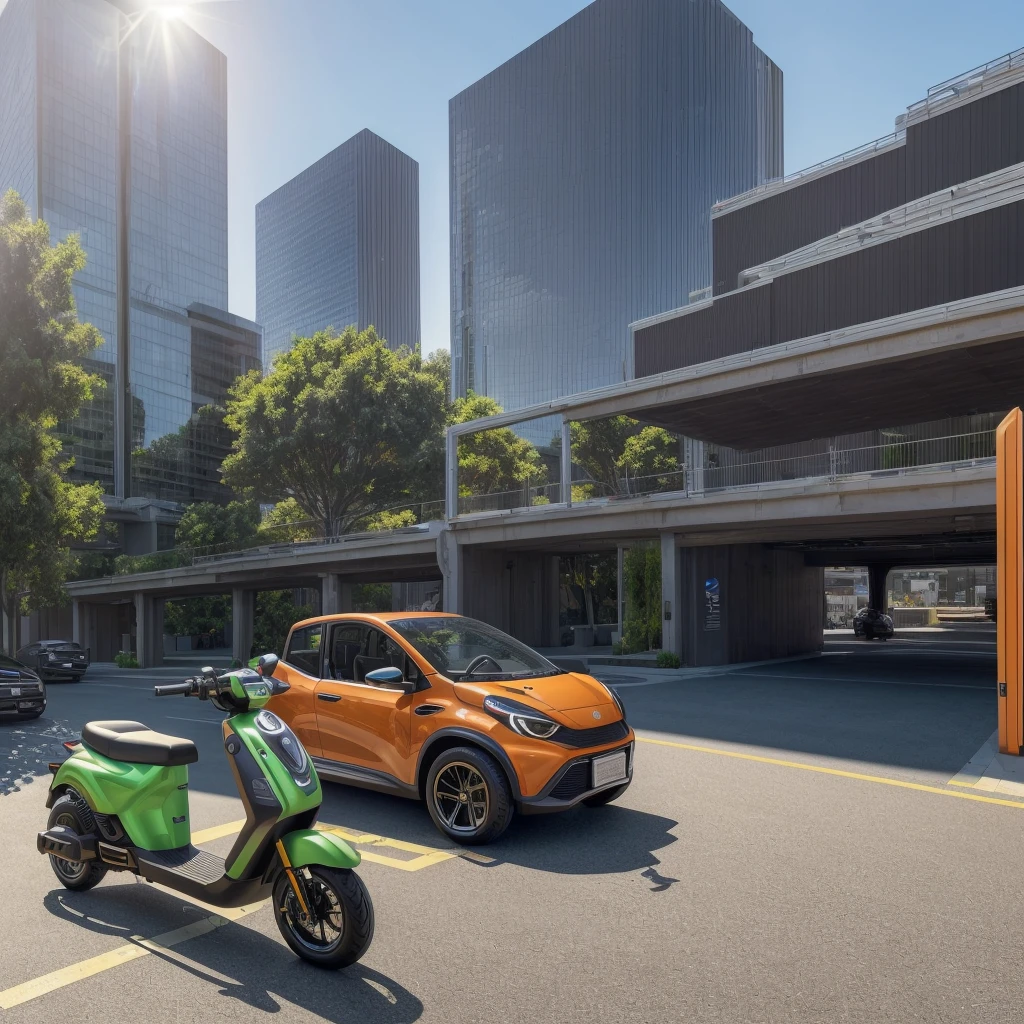 (best quality,4k,8k,highres,masterpiece:1.2),ultra-detailed,(realistic,photorealistic,photo-realistic:1.37),cityscape,electric scooter,modern architecture,multilevel parking station with solar panels,energy storage box with interchangeable battery packs,drone delivery and pick-up cabinet,vibrant colors,daytime lighting