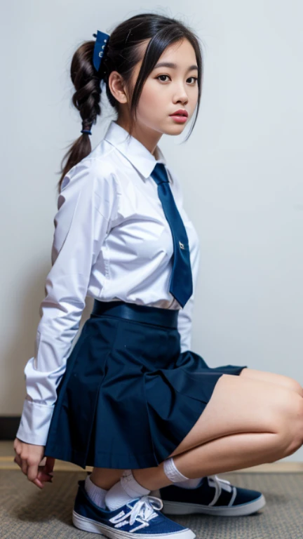 Thai, ponytail, white collared shirt, Long sleeve shirt,  necktie, pleated skirt, dark blue long skirt, white socks, black loafers,   Thighs look good, squatting down, open leg to side, showing her panties, white panties, panties shot