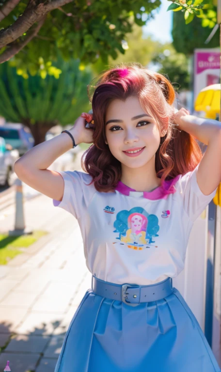 Photo oF a 18 year-old American girl, .CRUDO, beautiFul woman, ((Cara detallada:1.2)), ((Detailed Facial Features)), (Piel Finamente detallada), pale skin , pecas en mejillas , ojos azules , Small nose, 、un sexy(color fresco), wet, wet, ReFlectoreasutepiece) (proporciones perFectaotos realistas)(La mejor calidad) (Detallado) FotograFiado con una EOS R5 de Canon, lente de 50 mm, F/2.8, NFFSW, (8K) (papel tapiz) (cinematic lighting) (dramatic lighting) (sharp Focus) (Enrevesado) senos grandes , pechos grandes ,cuerpo completo , hermoso cuerpo de adolesente ,lindo maquillaje , gran sonrisa ,Fondo variado , cabello rosa esponjoso , pelo rosa esponjoso , mlp , pinkie pie , Equestria girls , outfit variao
