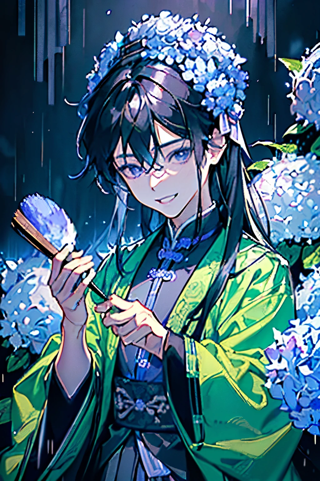 ((A young man about 18 years old)),(Black Hair:1.3),(Long Hair:1.3),(Dressed in light green, blue, purple, and grey, like an ancient Chinese scholar),(Close-up of face:1.25),(rain:1.2),(Hydrangea and many other flowers々:1.2),(Brush and Scroll:1.3),(smile:1.2),((Angle from below:1.2)),(満面のsmile:1.4)
