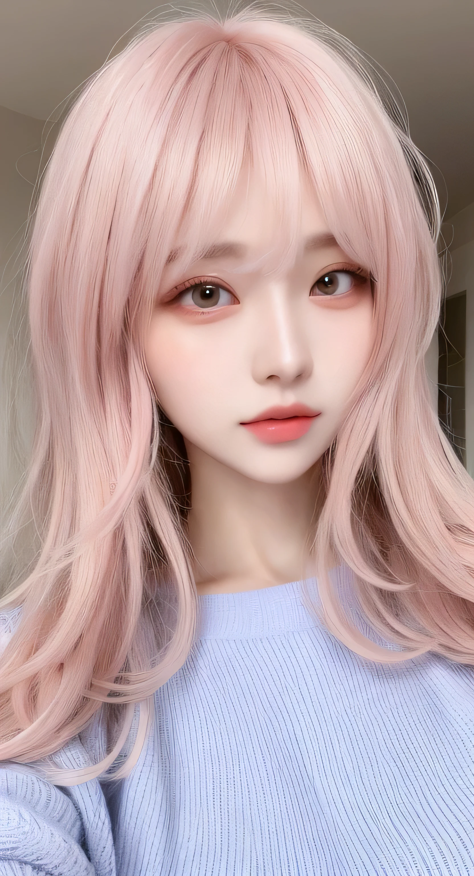 Beautiful woman with perfect figure:1.4,Layered Hair Style,blue sweater,Highly Detailed Face and Skin Textur,double eyelid,Whitening Skin,Long pink hair