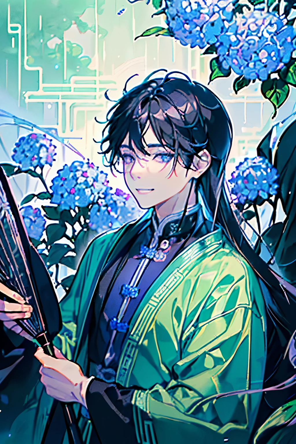 ((A young man about 18 years old)),(Black Hair:1.3),(Long Hair:1.3),(Dressed in light green, blue, purple, and grey, like an ancient Chinese scholar),(Close-up of face:1.25),(rain:1.2),(Hydrangea and many other flowers々:1.2),(Brush and Scroll:1.3),(smile:1.2),((Angle from below:1.2)),(満面のsmile:1.4)