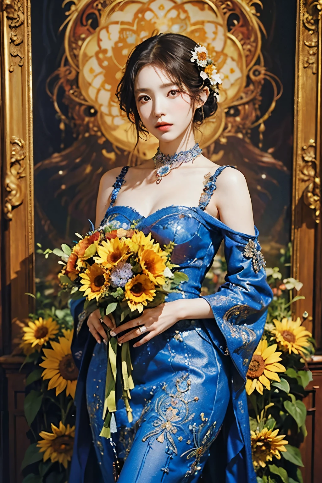 (masterpiece, top quality, best quality, official art, beautiful and aesthetic:1.2), (1 woman), extremely detailed,(fractal art:1.3),fancy,Most detailed chiaroscuro illustration of a woman holding a bouquet of sunflowers in front of a golden background, Surrealist Art Nouveau, chie yoshii, Andrei Lemnev, by Yamagata Hiro, Mucha Klimt and Tom Bagshaw, Inspired by J. Seed. Leyendecker, Inspired by J.Seed. Leyendecker, Inspired by James Seed. Seedhristensen