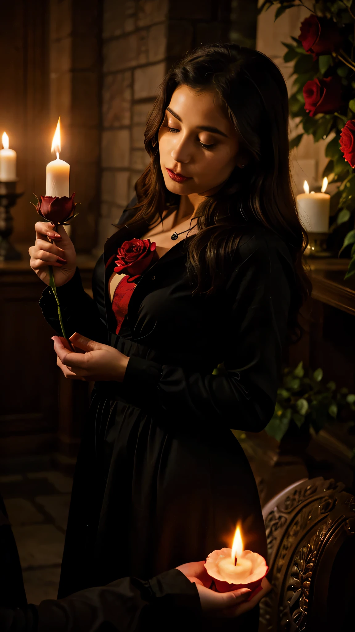 arafed woman holding a rose with a flame in her hand, holding a rose, holding a red rose, gothic romance, holding a rose in a hand, romance novel cover, inspired by Magali Villeneuve, roses in hands, casting a flame spell, red rose, devotion to the scarlet woman, she is the queen of black roses, flames surround her, half face from lips to below