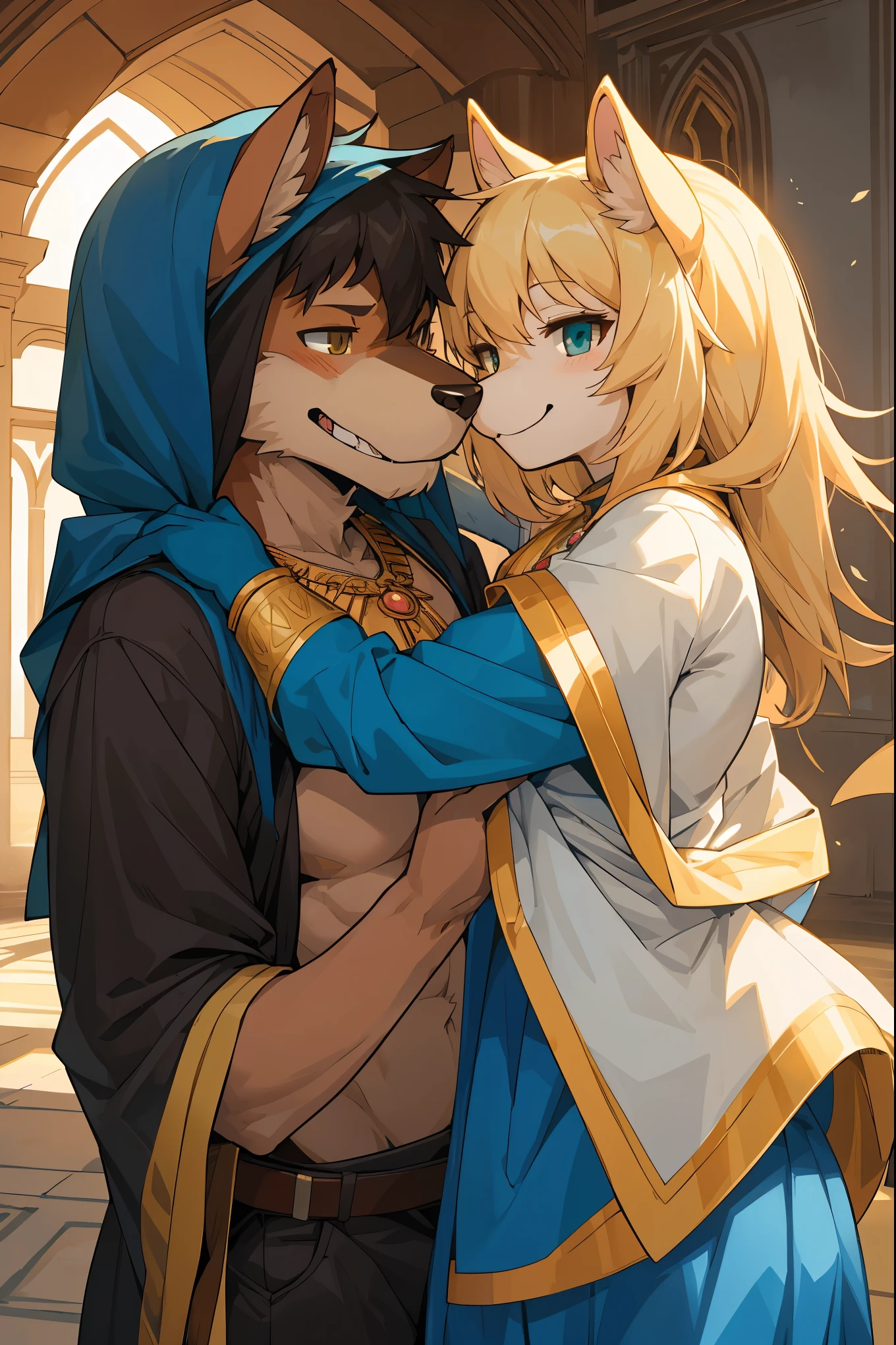 doujinshi cover_page, highres, top quality, best quality, paid reward available, unparalleled masterpiece, perfect artwork, absurdres, High-quality illustrations, super high resolution, detailed background, perfect anatomy(1girl, 1boy, couple, kemono, furry anthro, fearless smile, Arab national costume, love romance)The Arabian Nights, Alf Laylah wa Laylah,