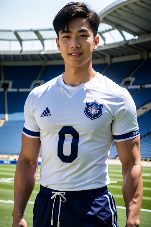 1 man, smile, (Wearing a white and navy blue, round neck, short sleeve football shirt.), Navy Cargo Pants, Young Korean , Korean Men, (High shadow detail), Pectoral muscles, Big arm muscles, blood vessel, Big muscles, Wide shoulders, looking at the audience, balance eyes, (eye contact), stadium, football