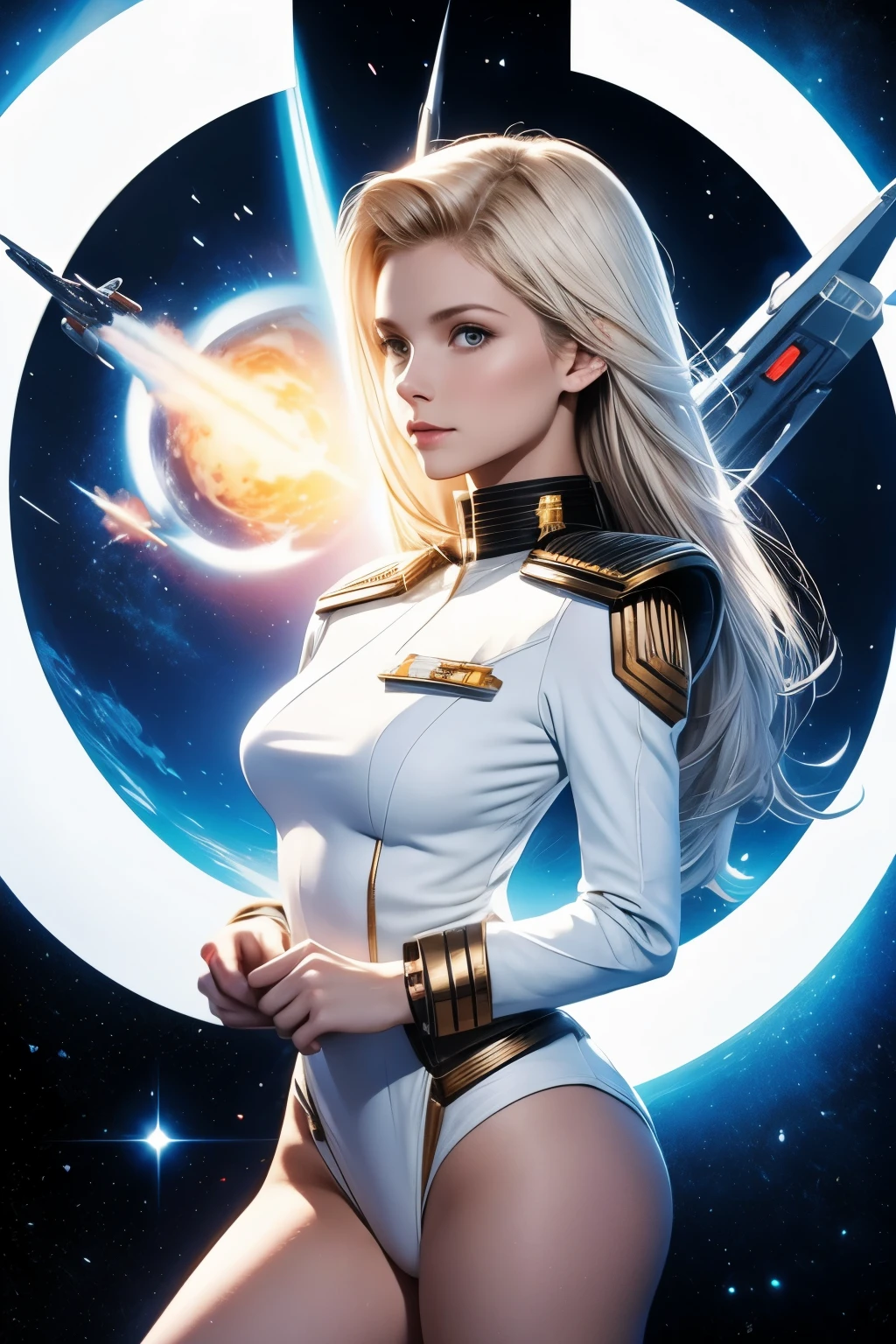 starship captain, beautiful white woman, young, no background