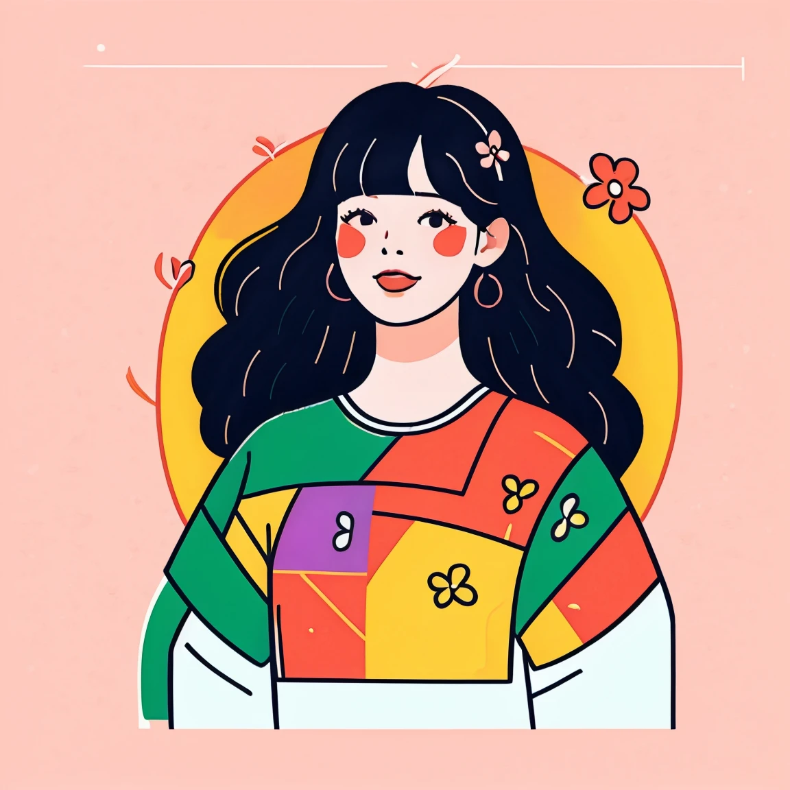 1girl，solo，Upper Body，Long curly hair，发flower，Hair accessories，leaf，Bangs，flower，Blush，白色flower朵，Bangs，Looking at the audience，Long hair，Duotone Background，Color Palette，sd mai, Flat illustration,