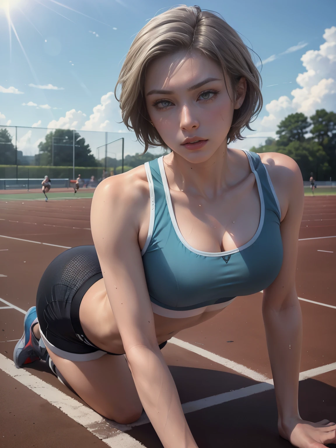 ((((masterpiece, best quality, high resolution)))), Extremely detailed 8K, Beautiful girl with voluptuous body, (Ultra HD, Ultra-detailed, Highly detailed, Highly realistic, Ultra-realistic, photograph realistic), (1girl:1.5), (Realistic white hair), short silky hair, bob cut, (dynamic poses), facing at camera, looking at viewer, (blushing red, ), (purple eyes, sharp eyes) , (beautiful detailed face, beautiful detailed eyes), ((sports bra, tight shorts)), (running track fields:1.3), sweat, glow, (sunbeam, sunlight), , ((very small breasts )),weak unhealthy ,(((very thin))) no confidence, sad (shy) ((fell to the ground))