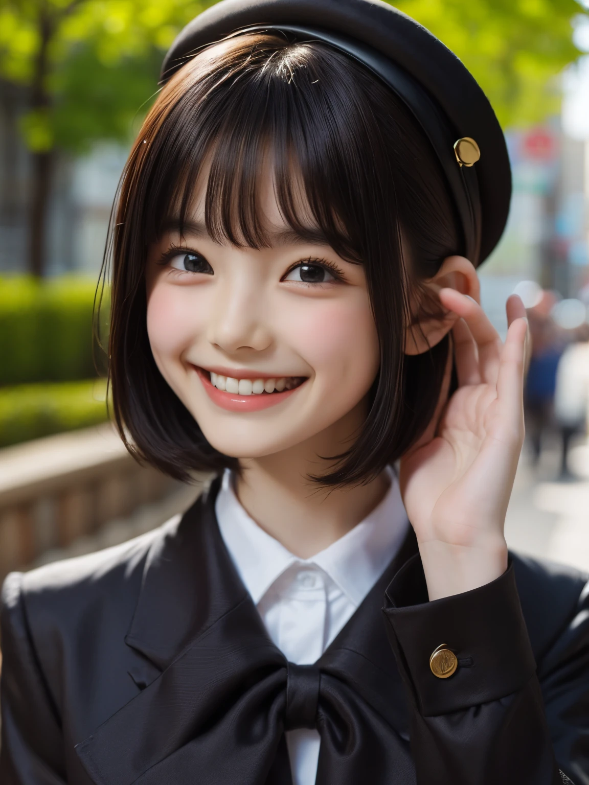 master piece , best quality , woman , bowler hat , bangs , smile , outdoor, extra short hair, sidelocks-hair, cute face,brown eye