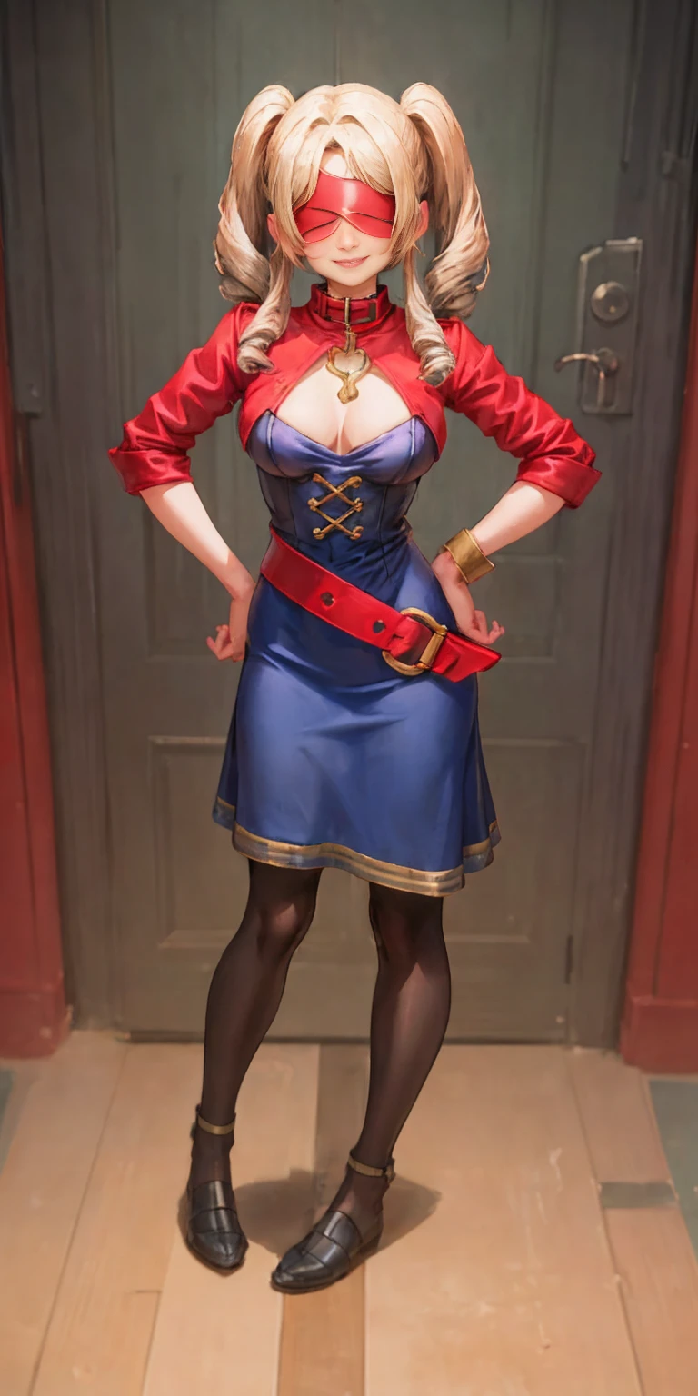 (masterpiece, best quality), intricate details, 1girl, Mercedes von Martritz from Fire Emblem (standing full body toe to head by wooden pole:1.2) iron collar, arms behind back, iron cuffs, shackles, bound, bondage outfit, harness, o-ring, bondage outfit blindfolded cover eyes, happy red cheeks, chain leash collar choker neck bell shackles wristbands bracers bracelets, cleave gag