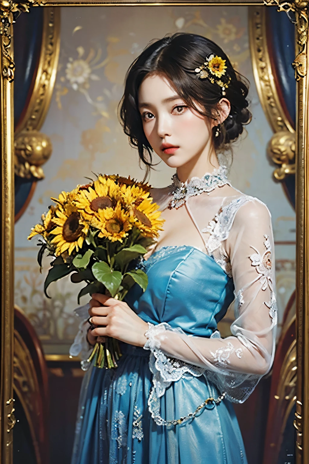 (masterpiece, top quality, best quality, official art, beautiful and aesthetic:1.2), (1 woman), extremely detailed,(fractal art:1.3),fancy,Most detailed chiaroscuro illustration of a woman holding a bouquet of sunflowers in front of a golden background, Surrealist Art Nouveau, chie yoshii, Andrei Lemnev, by Yamagata Hiro, Mucha Klimt and Tom Bagshaw, Inspired by J. Seed. Leyendecker, Inspired by J.Seed. Leyendecker, Inspired by James Seed. Seedhristensen