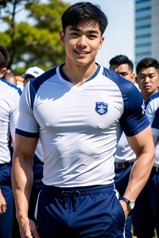 1 man, smile, (Wearing a white and navy blue, round neck, short sleeve football shirt.), Navy Cargo Pants, Young Korean , Korean Men, (High shadow detail), Pectoral muscles, Big arm muscles, blood vessel, Big muscles, Wide shoulders, looking at the audience, balance eyes, (eye contact), stadium, football