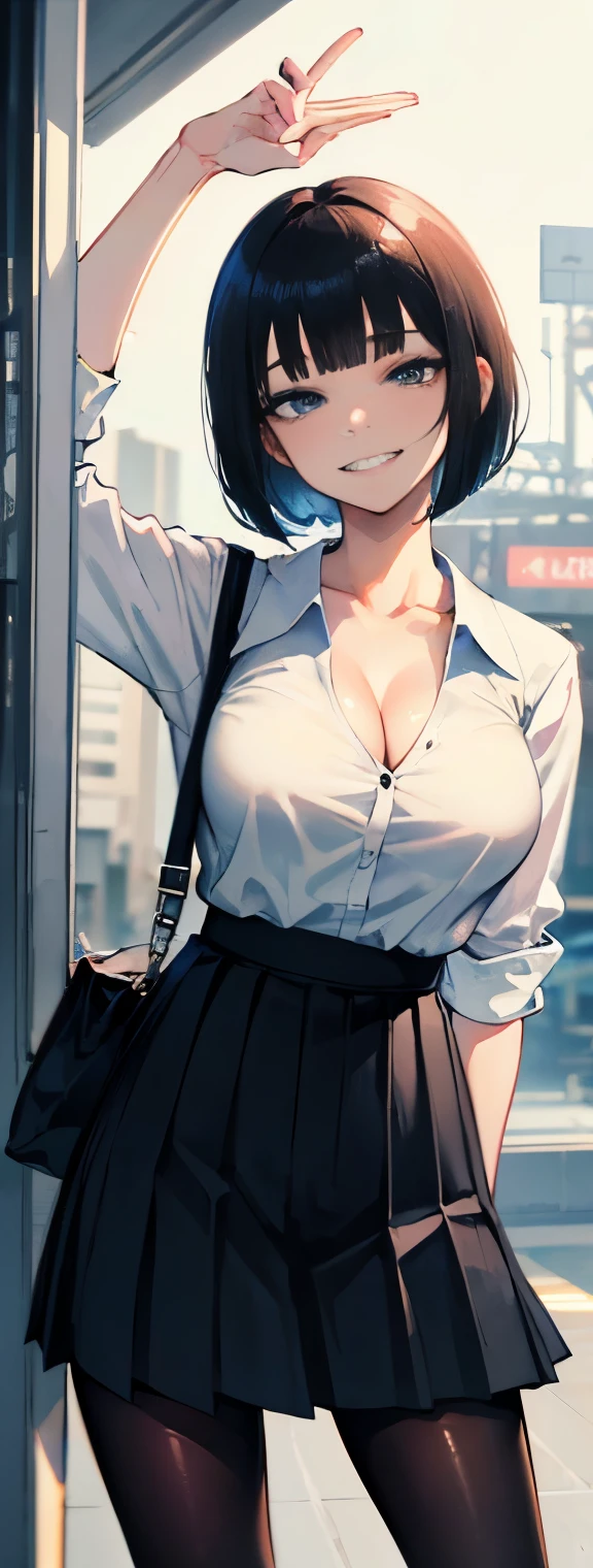 (8k、Best image quality、highest quality、masterpiece)、Detailed face、((One ))、Black Hair、Bobcut、Blunt bangs、shiny bright blue eyes、Wicked Smile、((Grin))、((Big Breasts、Big cleavage))、White shirt and pleated skirt、((High school girlini skirt))、Black Pantyhose、Cowboy Shot、salute、Station platform waiting for the train 、station Background、(Detailed people、Shiny skin、Oily skin)、Written background、Background blur、