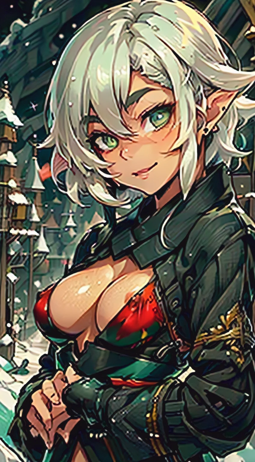 Ashikaga Chachamaru, cute elf,(((little ,tiny little body,little))),((())),((anime elf with extremely cute and beautiful brown hair)), (((elf))), (((elf ears))),(lesbian,gay),(tomboy:1.3), (((flat chest))),((((white hair:1.35,short white hair,boy haircut,tny short haircut,colored inner hair,ear breathing)))),(((green_eyes:1.3))),intricate eyes,beautiful detailed eyes,symmetrical eyes,big eyes:1.5,(((lustrous skin:1.5,bright skin: 1.5,skin tanned,shiny skin,very shiny skin,shiny body,plastic glitter skin,exaggerated shiny skin,illuminated skin))),(detailed body,(detailed face)), cute,slutty,erotic,daring,((nsfw)), (((medieval man clothes,adventurer man clothing,winter coat,unbuttoned shirt))),(((intricate outfit,intricate clothes,embroidered outfit,ornate outfit,embroidered clothes,ornate clothes))), (dynamic pose:1.0),happy,smile,(centered,scale to fit dimensions,Rule of thirds), ((snowy pine forest at night)), with dark stormy clouds,winter,scenery:1.25,((snow forest background)),Christmas tree, highres,sharp focus,(ultra detailed,extremely detailed),(photorealistic artwork:1.37),(extremely detailed CG unity 8k wallpaper),(((vibrant colors,vibrant theme))),(intricate),(masterpiece),(best quality),