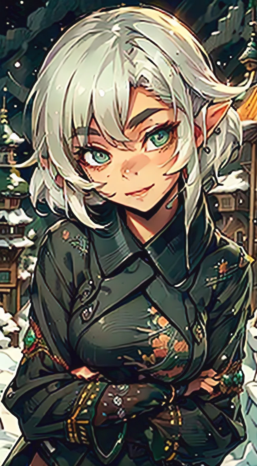 Ashikaga Chachamaru,  cute  elf,(((little ,tiny little body,little))),(((6 ))),((anime elf  with extremely cute and beautiful brown hair)), (((elf))), (((elf ears))),(lesbian,gay),(tomboy:1.3), (((flat chest))),((((white hair:1.35,short white hair,boy haircut,tny short haircut,colored inner hair,ear breathing)))),(((green_eyes:1.3))),intricate eyes,beautiful detailed eyes,symmetrical eyes,big eyes:1.5,(((lustrous skin:1.5,bright skin: 1.5,skin tanned,shiny skin,very shiny skin,shiny body,plastic glitter skin,exaggerated shiny skin,illuminated skin))),(detailed body,(detailed face)), cute,slutty,erotic,daring,((nsfw)), (((medieval man clothes,adventurer man clothing,winter coat,unbuttoned shirt))),(((intricate outfit,intricate clothes,embroidered outfit,ornate outfit,embroidered clothes,ornate clothes))), (dynamic pose:1.0),happy,smile,(centered,scale to fit dimensions,Rule of thirds), ((snowy pine forest at night)), with dark stormy clouds,winter,scenery:1.25,((snow forest background)),Christmas tree, highres,sharp focus,(ultra detailed,extremely detailed),(photorealistic artwork:1.37),(extremely detailed CG unity 8k wallpaper),(((vibrant colors,vibrant theme))),(intricate),(masterpiece),(best quality),