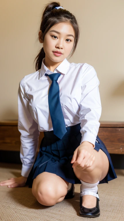 Thai, ponytail, white collared shirt, Long sleeve shirt,  necktie, pleated skirt, dark blue long skirt, white socks, black loafers,   Thighs look good, squatting down with spread leg open to side, showing her panties, white panties, panties shot