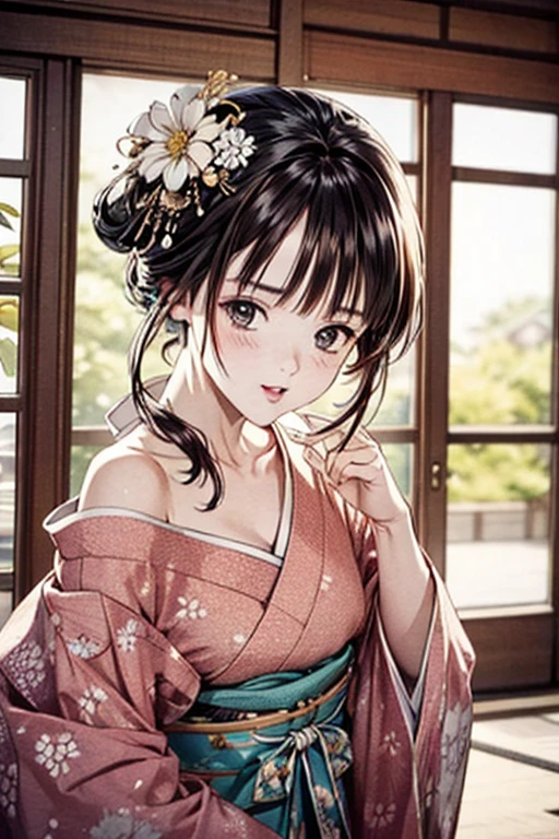 4K, masterpiece, High resolution, Confused,Natural volumetric lighting and great shadows, 笑face,deep i is written deep in the world,soft delicate beautiful attractive face, Beautiful Edge Courtesan_woman, a woman in a kimono posing for a picture ,Courtesan with perfect edges_face,Courtesan with perfect edges_body,edgOiran_Compensate,edgOiran_Hairstyle、Browsing Caution:1.5,off shoulder,