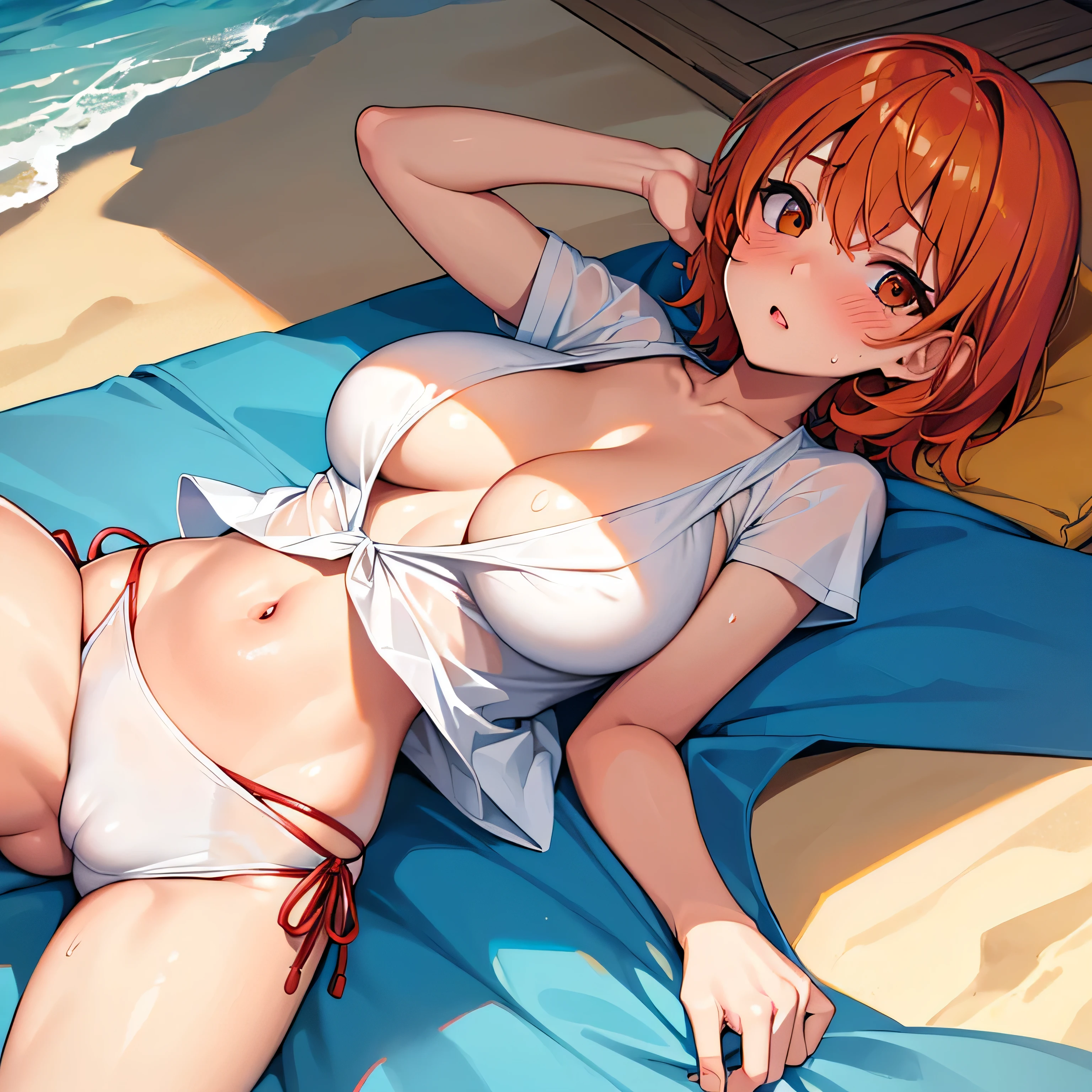 (masterpiece,highest quality, detailed), One girl, alone, Lying on the beach,Tropical Resort,Ocean, whole body,bikini,Sweat, Ahegao, Roll your eyes, blush, naked、Orange Hair,short hair,open chest white shirt,A tight-fitting shirt、Big Breasts, Ahegao