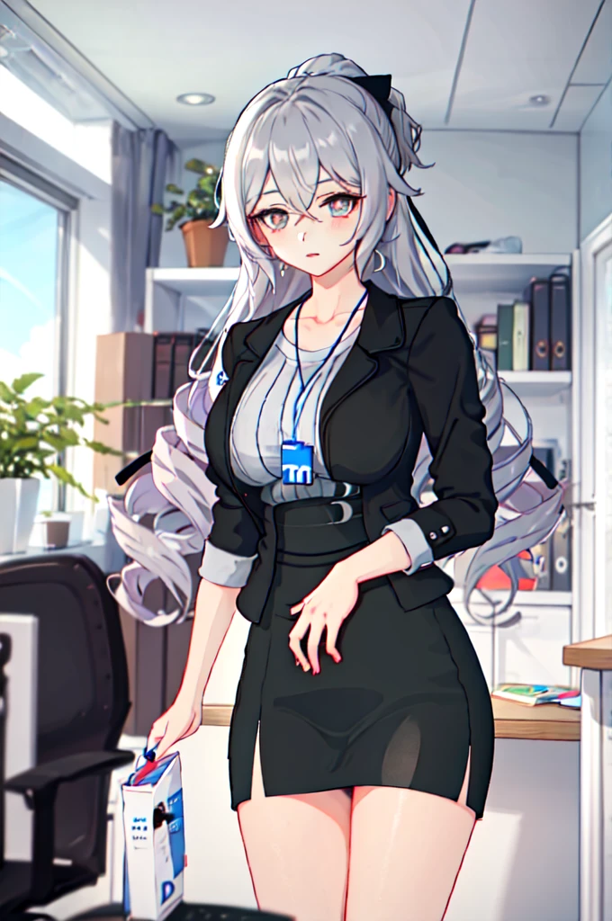 1 girl, Bronya OL, alone, pantyhose, pencil skirt, black jacket, ID card, Striped Shirt, bright, looking at the viewer, cowboy shot, put your hand on your waist, office, indoors, Depth of the bounds written, masterpiece