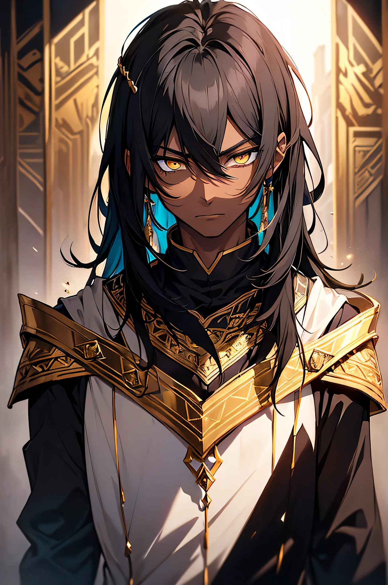 (Man with black hair, blue undertone, expressionless golden eyes, calm expression, dark skin, He wears a long red and loose tunic, adorned with gold, all over his body, tall, slender) Painting, ultra-detailed ,portrait,vivid colors,studio lighting,subtle shadow