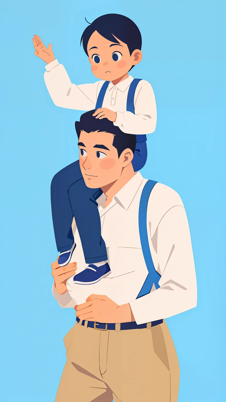 A father，Child riding on father&#39;s neck，Mom is next to it
