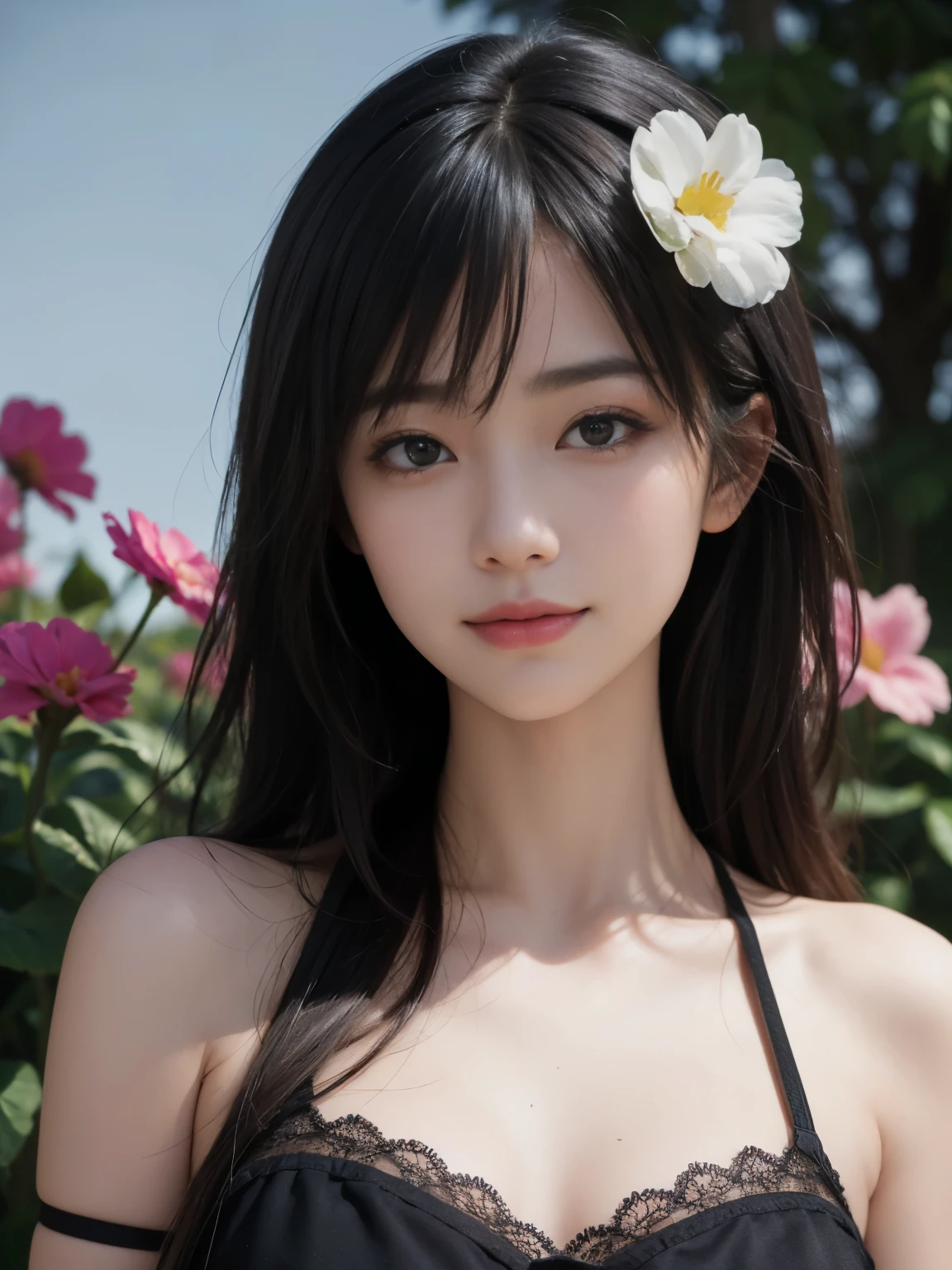 (ultra realistic) , (illustration), (increase resolution), (8K), (extremely detailed), (best illustration), (beautiful detailed eyes), (best quality), (ultra-detailed), (masterpiece), (wallpaper), (detailed face), solo,1 girl, looking at viewers, black straight hair, delicate details, in the dark, deep shadow, low key, pureerosfaceace_v1, happy smile, summer dress, full body, flower garden