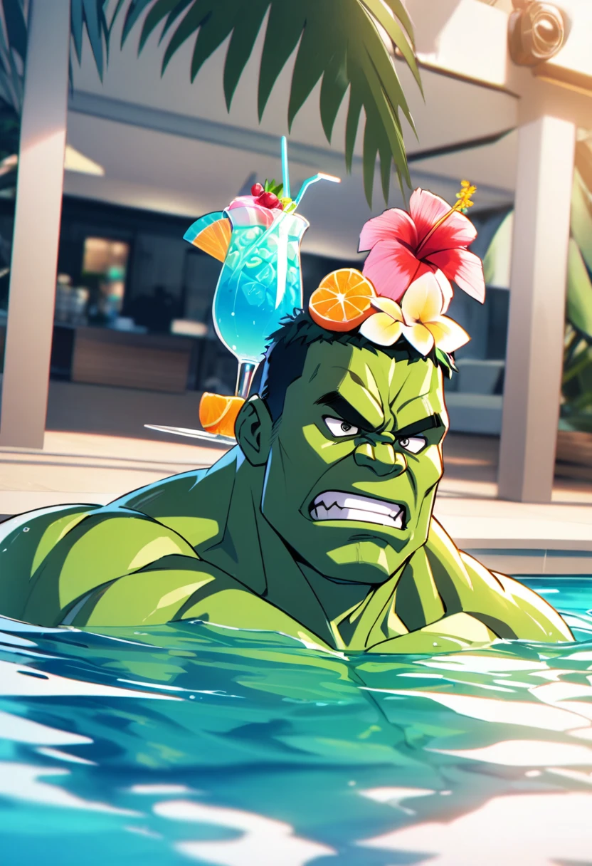 (marvel's incredible hulk,tropical drinks:1.1,bermuda trunks) in a (pool,relaxing:1.1,floating:1.1) (best quality:1.2) with (vivid colors,sharp focus:1.1).