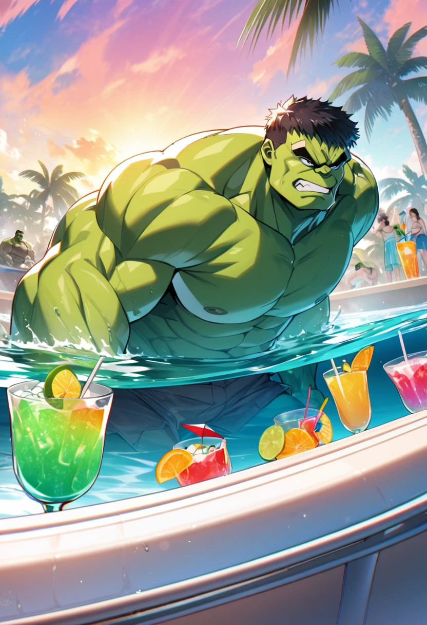 (a hulk,tropical drinks:1.1,bermuda trunks) in a (pool,relaxing:1.1,floating:1.1) (best quality:1.2) with (vivid colors,sharp focus:1.1).
