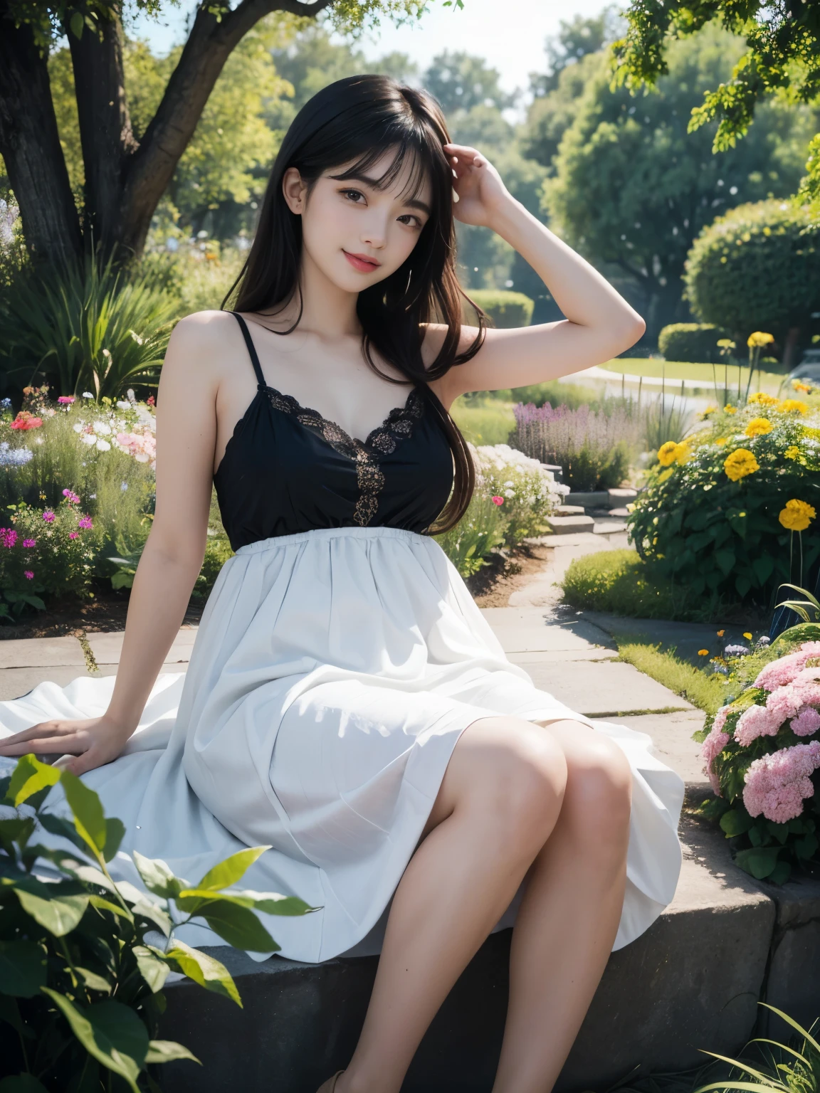 (ultra realistic) , (illustration), (increase resolution), (8K), (extremely detailed), (best illustration), (beautiful detailed eyes), (best quality), (ultra-detailed), (masterpiece), (wallpaper), (detailed face), solo,1 girl, looking at viewers, black straight hair, delicate details, in the dark, deep shadow, low key, pureerosfaceace_v1, happy smile, summer dress, full body, flower garden