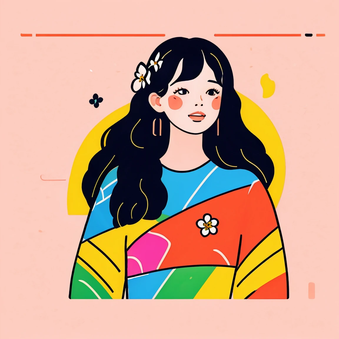 1girl，solo，Upper Body，Long curly hair，发flower，Hair accessories，leaf，Bangs，flower，Blush，白色flower朵，Bangs，Looking at the audience，Long hair，Duotone Background，Color Palette，sd mai, Flat illustration,