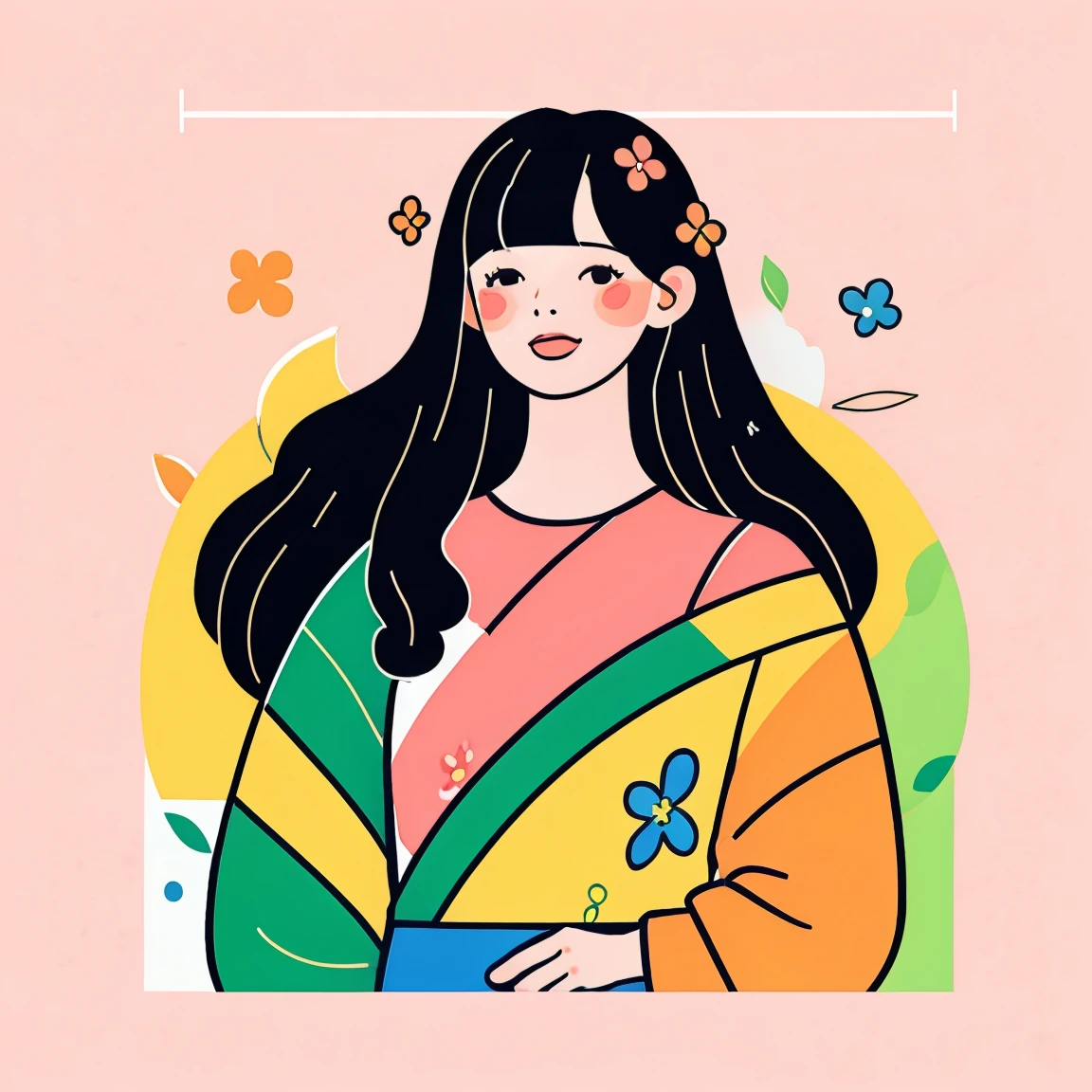 1girl，solo，Upper Body，Long curly hair，发flower，Hair accessories，leaf，Bangs，flower，Blush，白色flower朵，Bangs，Looking at the audience，Long hair，Duotone Background，Color Palette，sd mai, Flat illustration,