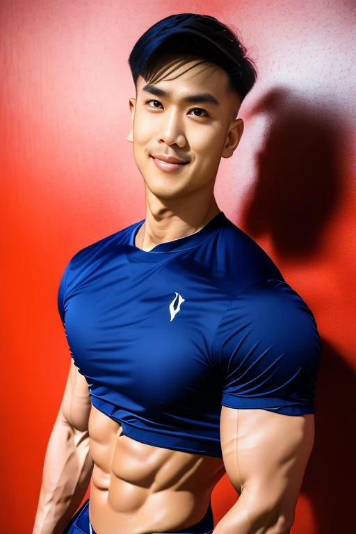 1 man, smile, (Wearing a white and navy blue, round neck, short sleeve football shirt.), Navy Cargo Pants, Young Korean , Korean Men, (High shadow detail), Pectoral muscles, Big arm muscles, blood vessel, Big muscles, Wide shoulders, looking at the audience, balance eyes, (eye contact), stadium, football