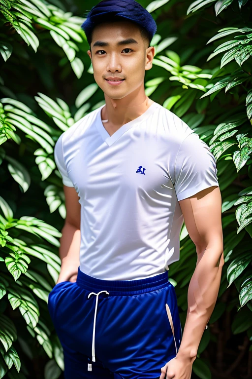 1 man, smile, (Wearing a white and navy blue, round neck, short sleeve football shirt.), Navy Cargo Pants, Young Korean , Korean Men, (High shadow detail), Pectoral muscles, Big arm muscles, blood vessel, Big muscles, Wide shoulders, looking at the audience, balance eyes, (eye contact), stadium, football