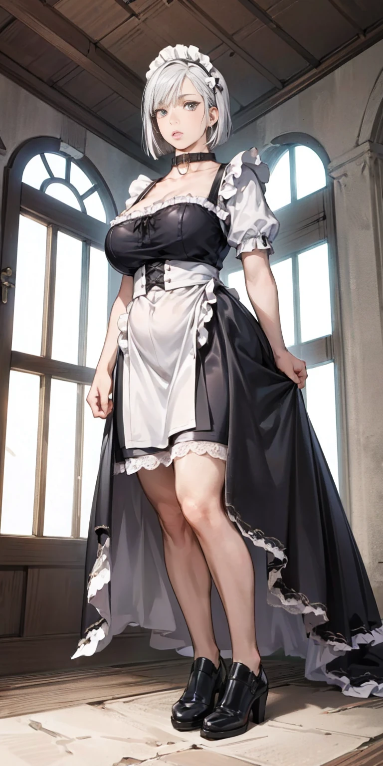 {{masterpiece}},high quality, 4K, 2D, 1 girl,{simple gray background},(attractive mature lady:1.6),milf,standing,(sagging breasts:0.8),(gigantic breasts:1.4),maid,front face,{{tareme}},attractive mature lady,black hair, {from right in front of face and body},View viewers from front,{front facing shot},Wear glasses,(serious:0.1)