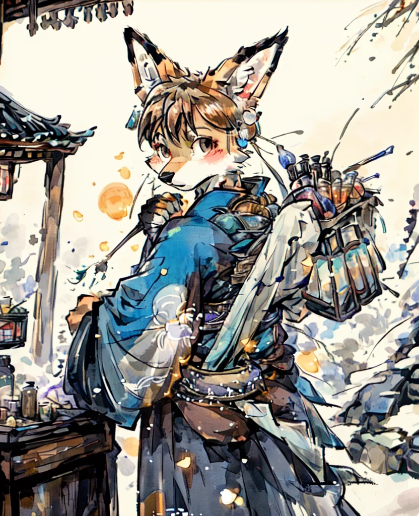 depth of field, perfect lighting, light particles,(best quality),(masterpiece),(ultra detailed),sharp focus,light particles, niji, detailed eyes, blush, brown_eyes, looking_at_viewer, smile, solo, furry, animal_ear_fluff, open_clothes, arms behind back, upper body, tail, kimono, japanese clothes, sunlight, tree, open mouth, from below, arms behind back, male, 1 boy,handsome,fox,medicine vendor,potions dealer, 