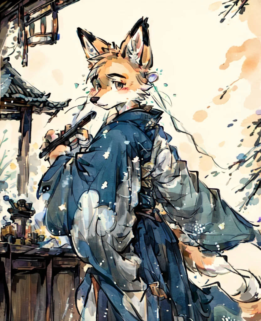 depth of field, perfect lighting, light particles,(best quality),(masterpiece),(ultra detailed),sharp focus,light particles, niji, detailed eyes, blush, brown_eyes, looking_at_viewer, smile, solo, furry, animal_ear_fluff, open_clothes, arms behind back, upper body, tail, kimono, japanese clothes, sunlight, tree, open mouth, from below, arms behind back, male, 1 boy,handsome,fox,medicine vendor,potions dealer, 