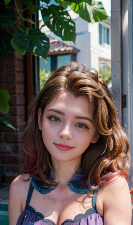 Photo oF a 18 year-old American girl, .CRUDO, beautiFul woman, ((Cara detallada:1.2)), ((Detailed Facial Features)), (Piel Finamente detallada), pale skin , pecas en mejillas , ojos azules , Small nose, 、un sexy(color fresco), wet, wet, ReFlectoreasutepiece) (proporciones perFectaotos realistas)(La mejor calidad) (Detallado) FotograFiado con una EOS R5 de Canon, lente de 50 mm, F/2.8, NFFSW, (8K) (papel tapiz) (cinematic lighting) (dramatic lighting) (sharp Focus) (Enrevesado) senos grandes , pechos grandes ,cuerpo completo , hermoso cuerpo de adolesente ,lindo maquillaje , gran sonrisa ,Fondo variado , cabello rosa esponjoso , pelo rosa esponjoso , mlp , pinkie pie , Equestria girls , outfit elegante