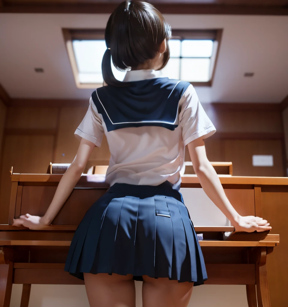 highest quality、8k、Professional Lighting、Natural light、A cute boy、Fiery idol pose、Precision Wool、Beautiful and delicate skin、Shiny skin、No makeup、thin、Pale skin、Big Breasts、Very short hair、I'学校の教室にいるI、Rows of desks、blackboard、Pulpit、 in uniform、She is wearing a navy blue mini skirt.:1.8、barefoot:1.6、Miniskirt flips up:1.6、Backwards、Lean forward:1.8、Stick your butt out:1.8、Photographed from directly below the rear:1.8、Shot from a low angle from behind:1.8、White pantiesを見せる:1.8、White panties:1.8、Head to knee photo:1.8