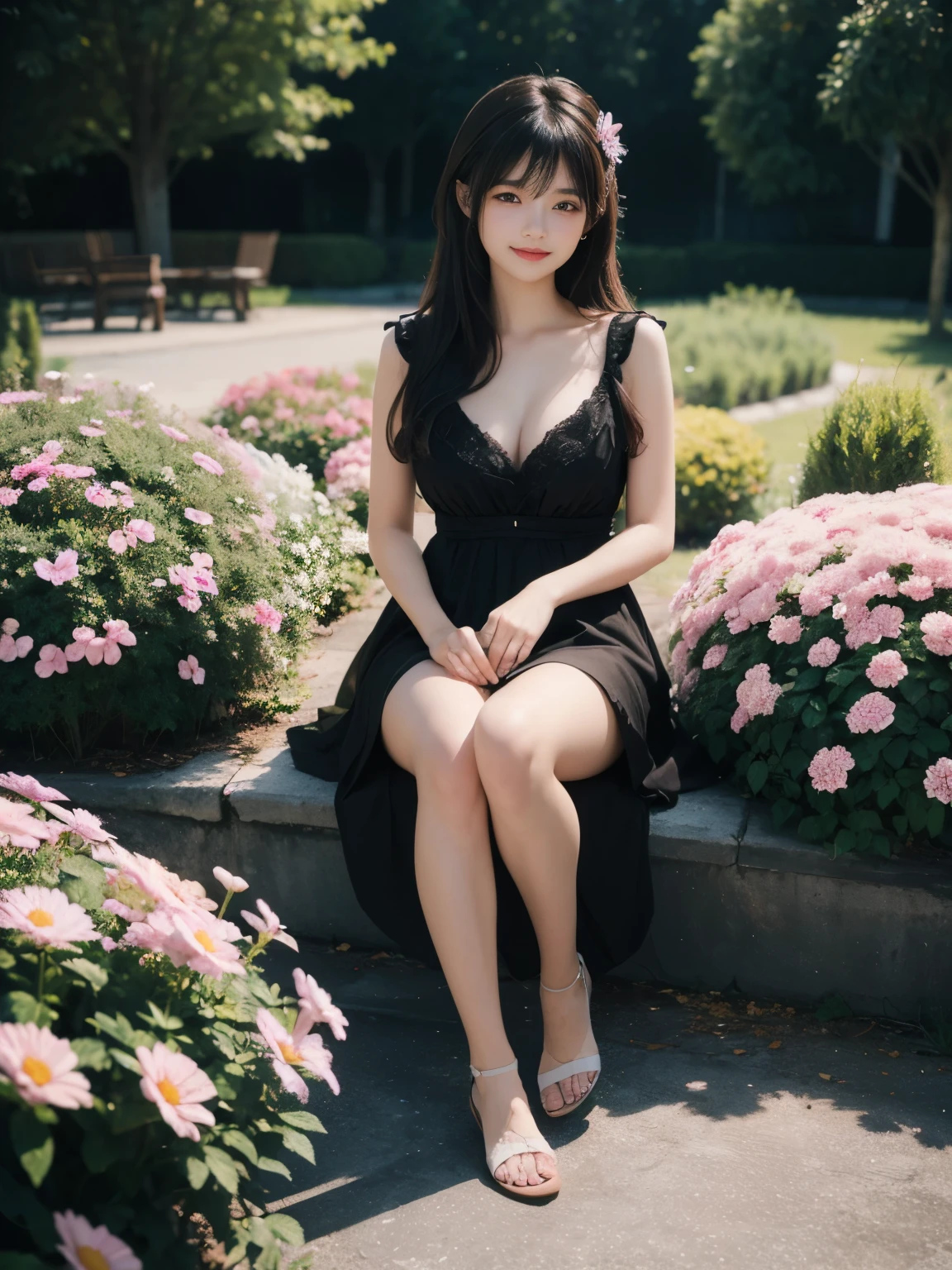 (ultra realistic) , (illustration), (increase resolution), (8K), (extremely detailed), (best illustration), (beautiful detailed eyes), (best quality), (ultra-detailed), (masterpiece), (wallpaper), (detailed face), solo,1 girl, looking at viewers, black straight hair, delicate details, in the dark, deep shadow, low key, pureerosfaceace_v1, happy smile, summer dress, full body, flower garden