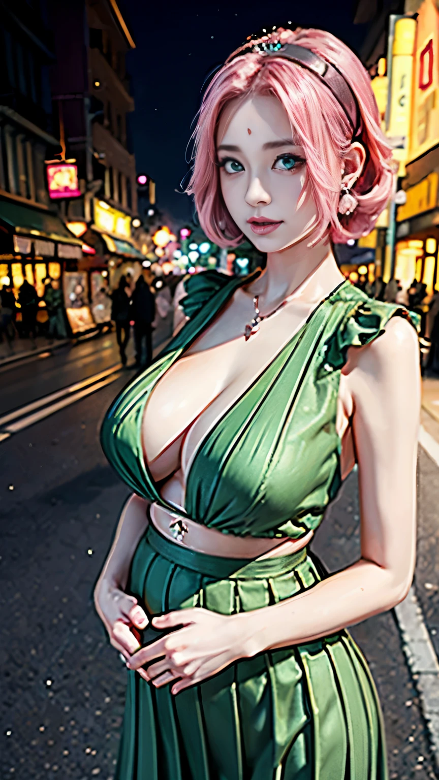 The true picture、8k,Fine grain、Detailed Photos、Cute young woman, Short Hair、Pink Hair, Green Eyes, Queen,hair band、pleated skirt suit,Street lamp,neon,Busy street background,(belly button:1.1,princess eyes), Earrings、Noble, Royalty, high quality, masterpiece, Very detailed、Big Breasts、Cleavage、pregnancy、Stomach、